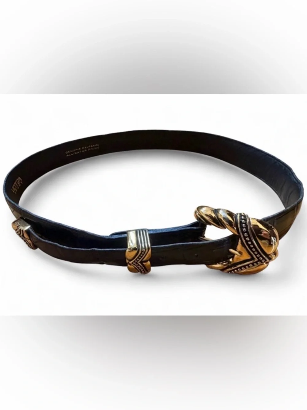 Vicenza Sport Vintage Calfskin Leather Alligator Print Black Belt Gold Tn Buckle